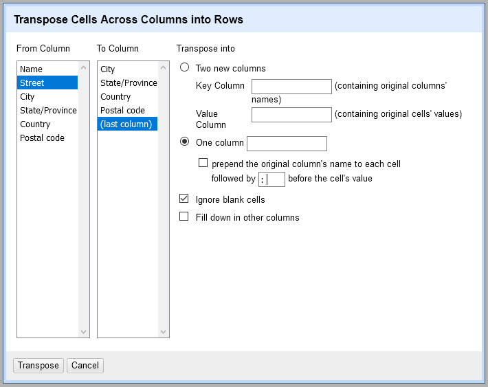 A screenshot of the transpose across columns window.